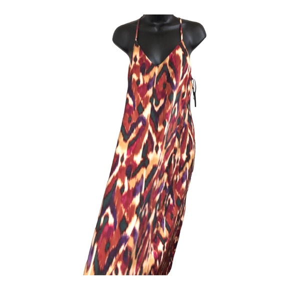 Nicole Miller brown gold ikat style v-neck satin effect maxi dress size small - Picture 5 of 13